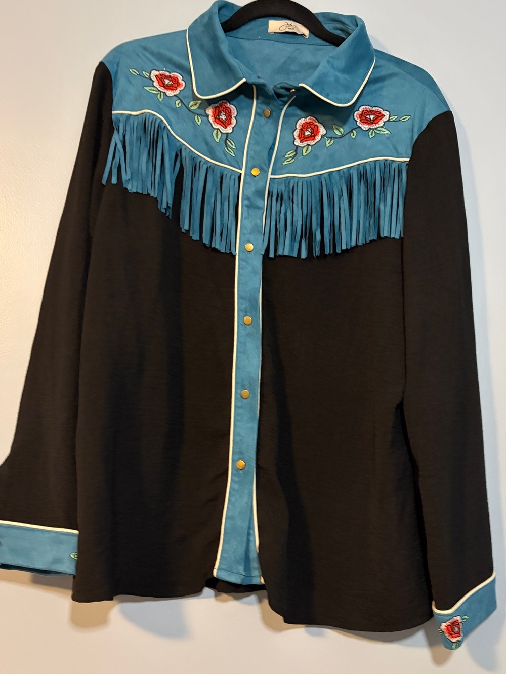 Western-Inspired Black Button-Down Shirt with Teal Fringe and Rose Embroidery